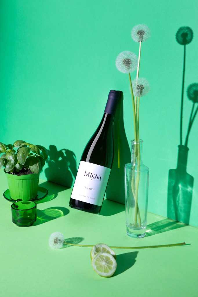 fotografia emozionale su sfondo verde bottiglia di vino con oggetti coordinati still life
